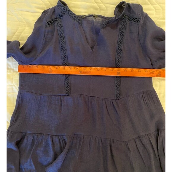 Zac & Rachel Blouse Size ? Large Navy Boho Lace Trim Peasant Top Hippie 70’s - Picture 9 of 11